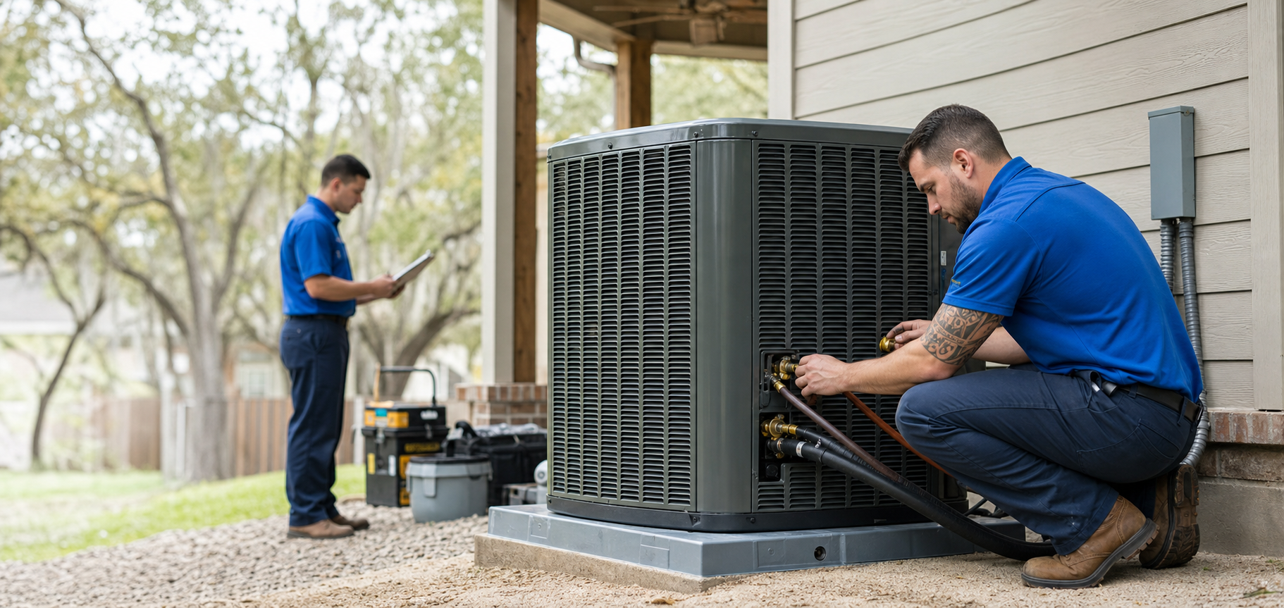 New high-efficiency central AC condenser installed at a North Louisiana home by Mark Johnson & Sons