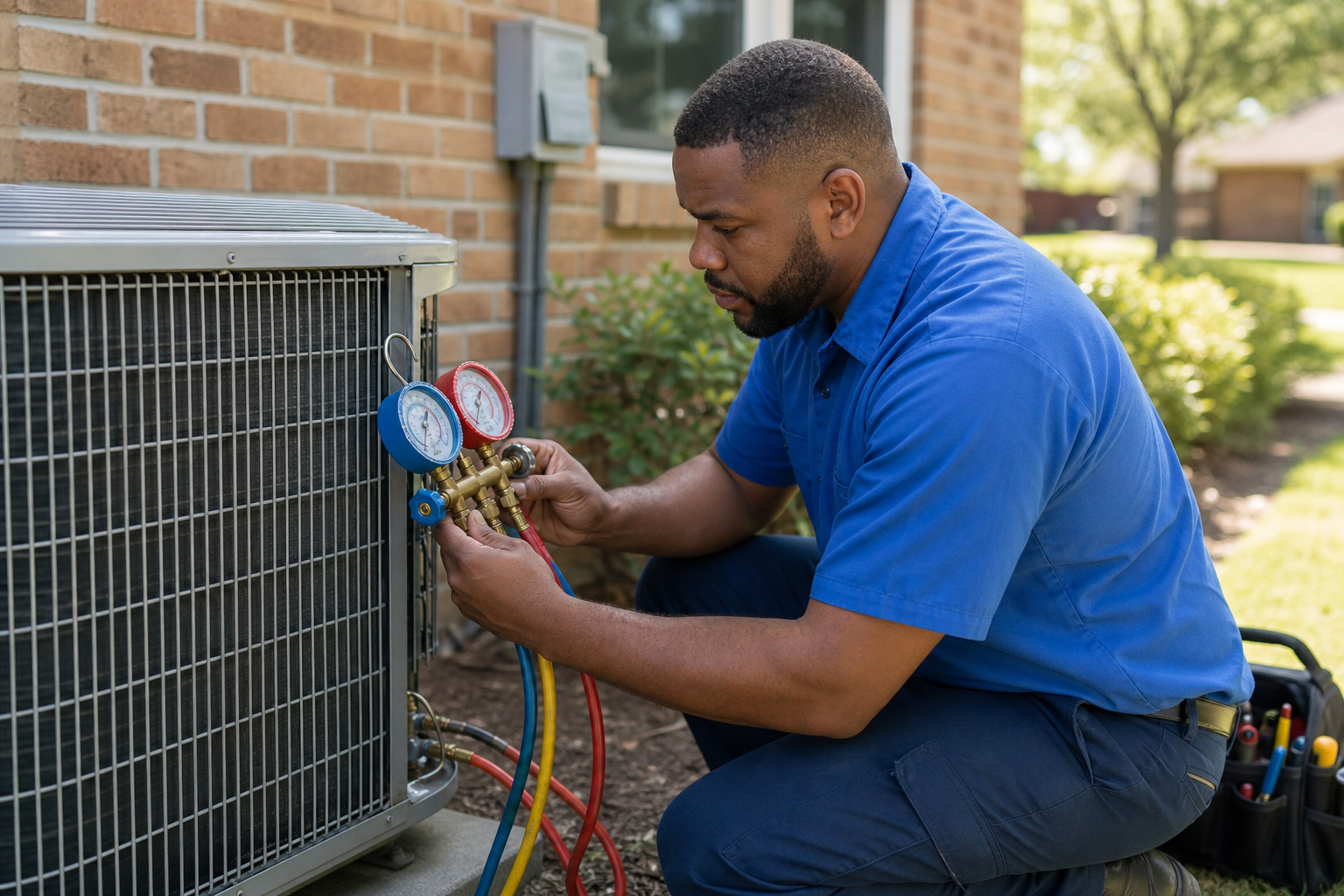 Mark Johnson & Sons technician checking refrigerant pressures during an AC maintenance visit in North Louisiana