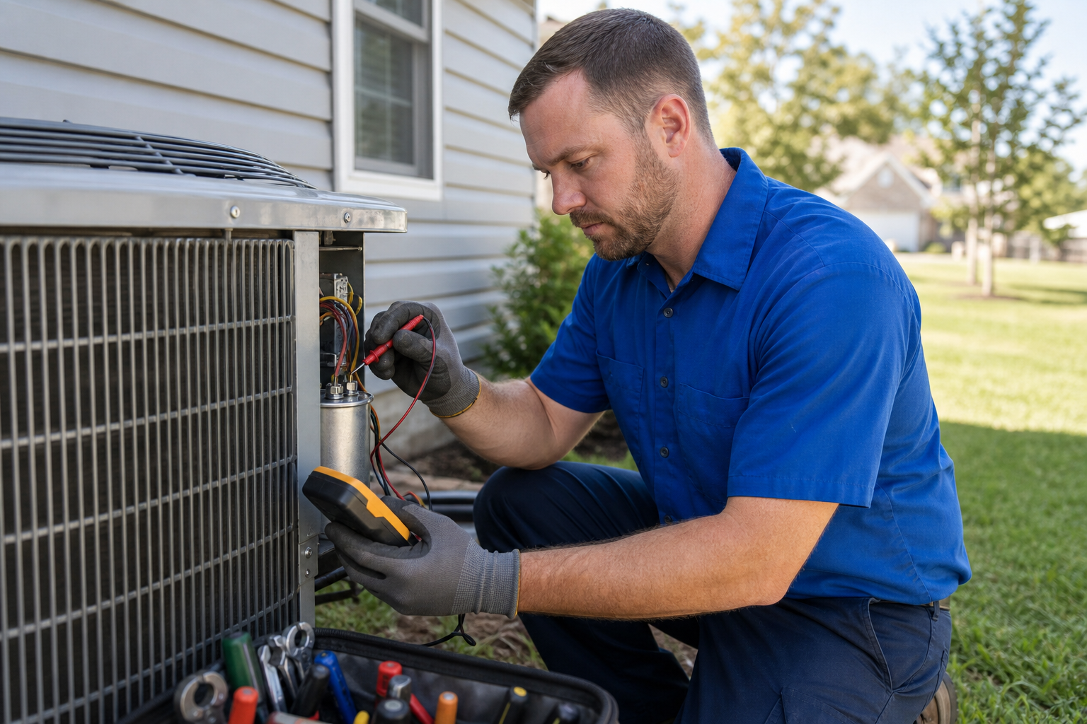 Mark Johnson & Sons technician testing an air conditioner capacitor at a North Louisiana home