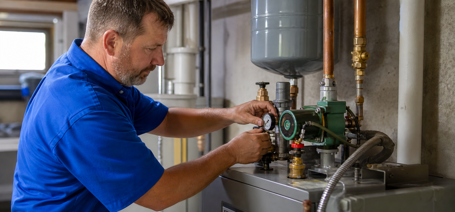 Residential boiler and circulator piping serviced in a North Louisiana home