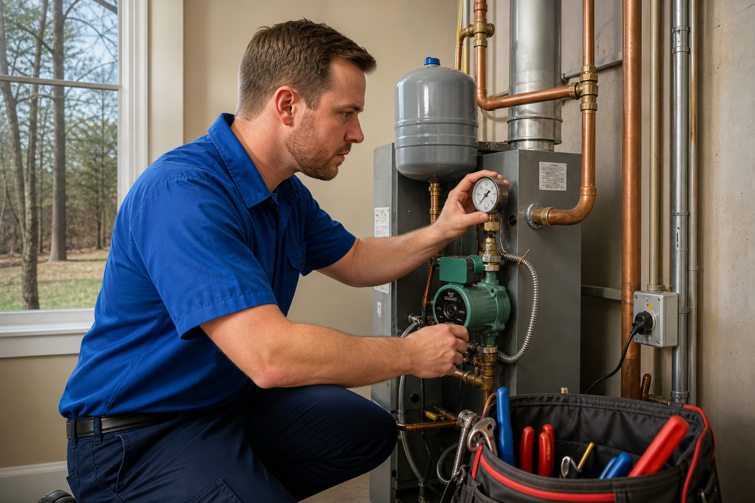 Mark Johnson & Sons technician checking boiler pressure and circulator at a North Louisiana home
