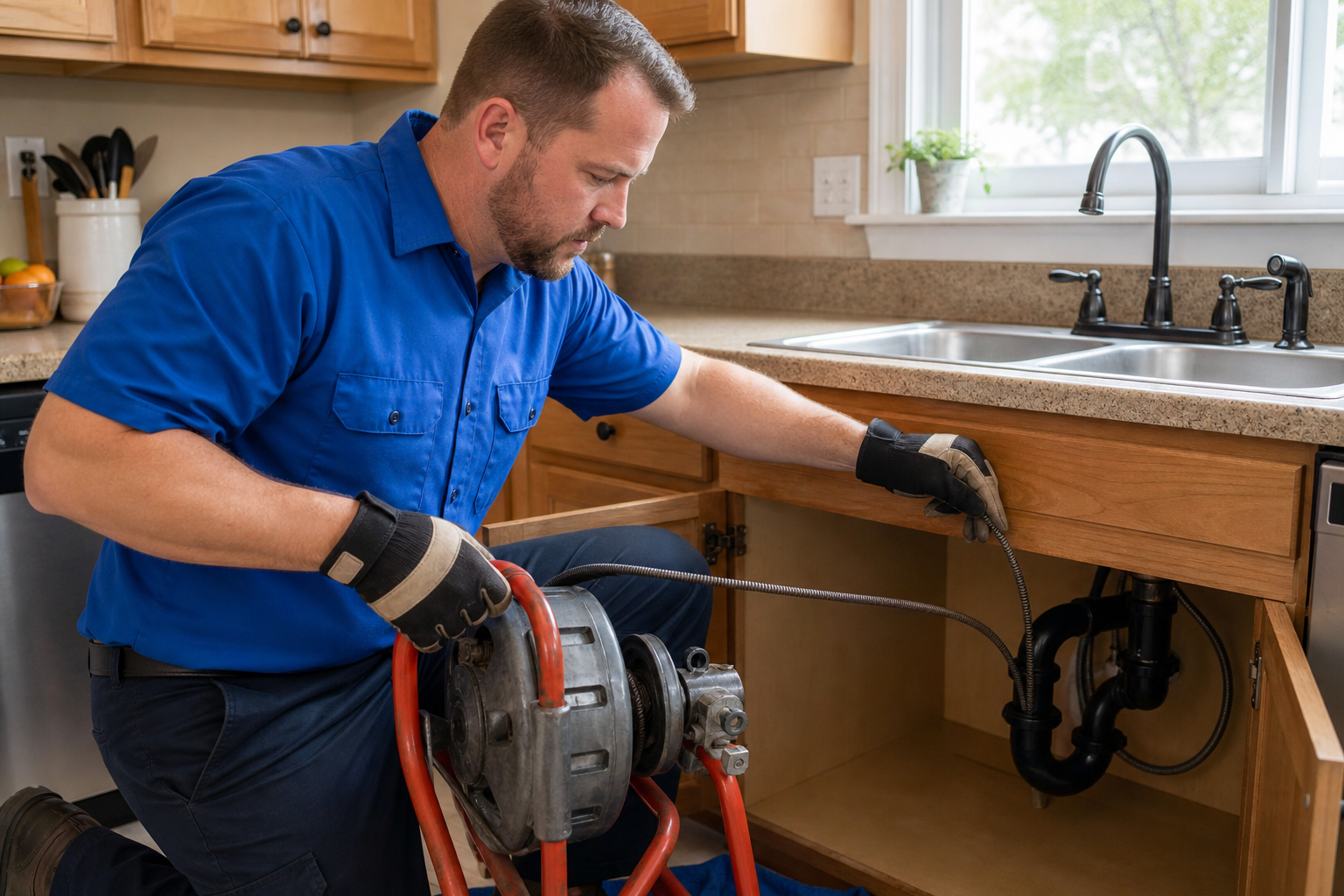 Mark Johnson & Sons Plumbing technician running a hand cable through a clogged kitchen sink drain