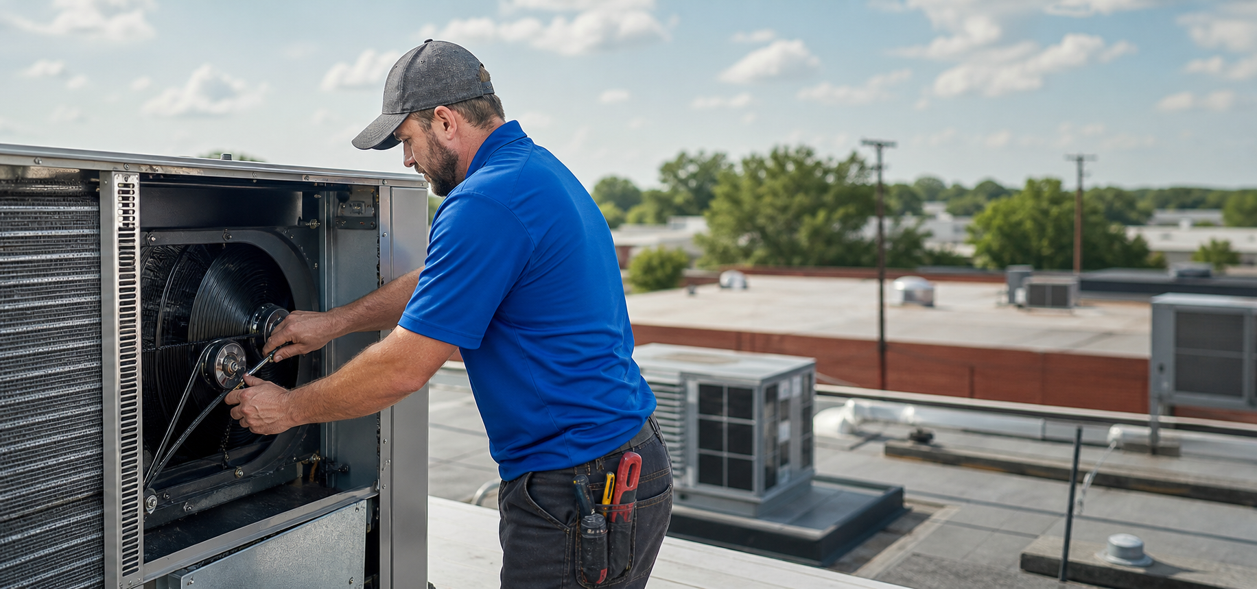 Rows of rooftop packaged AC units on a North Louisiana commercial building maintained by Mark Johnson & Sons