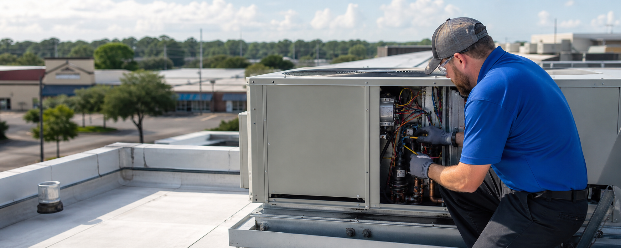Mark Johnson & Sons technician on an emergency commercial rooftop HVAC call in North Louisiana