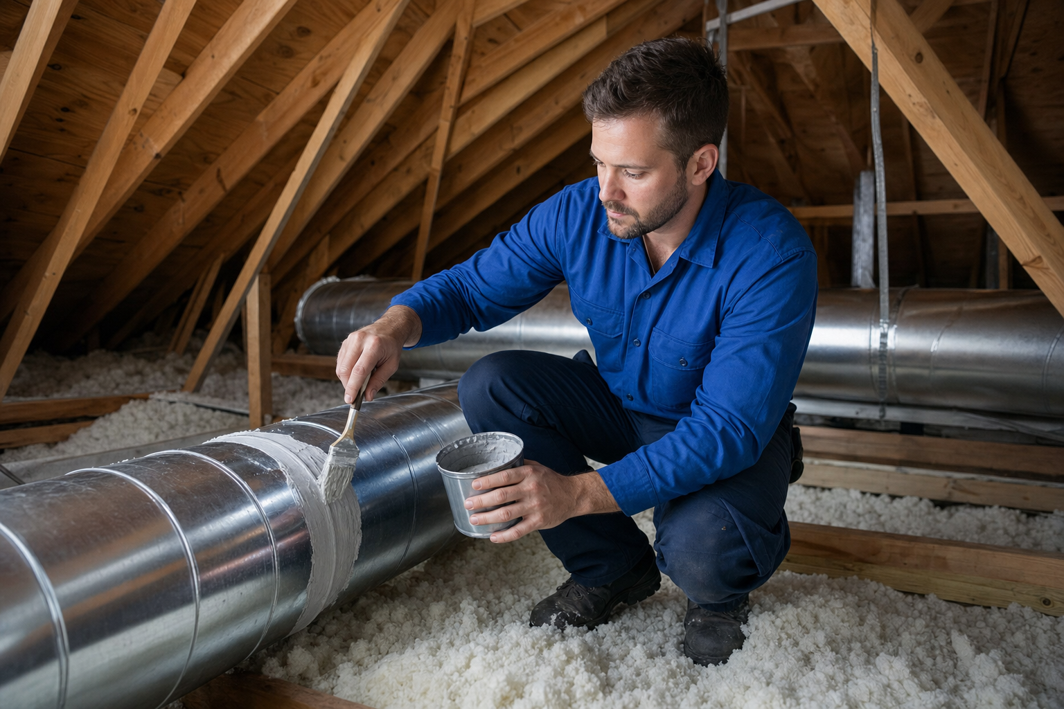 Mark Johnson & Sons technician sealing duct joints with mastic in a North Louisiana attic