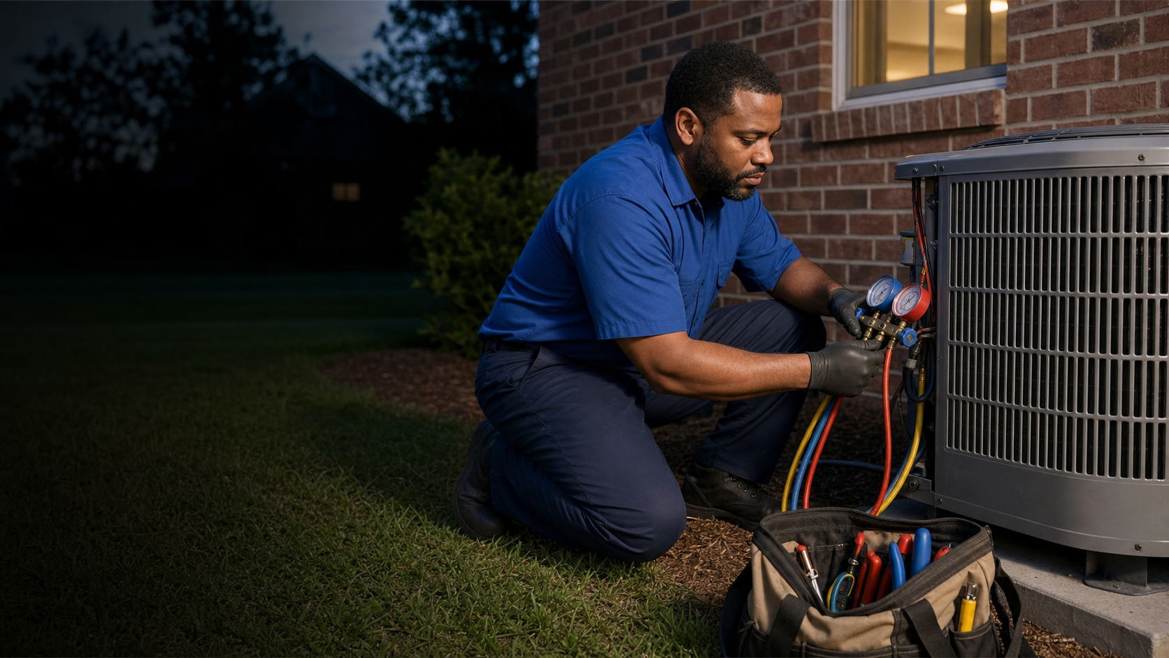 Mark Johnson & Sons technician on an after-hours emergency AC repair call at a North Louisiana home