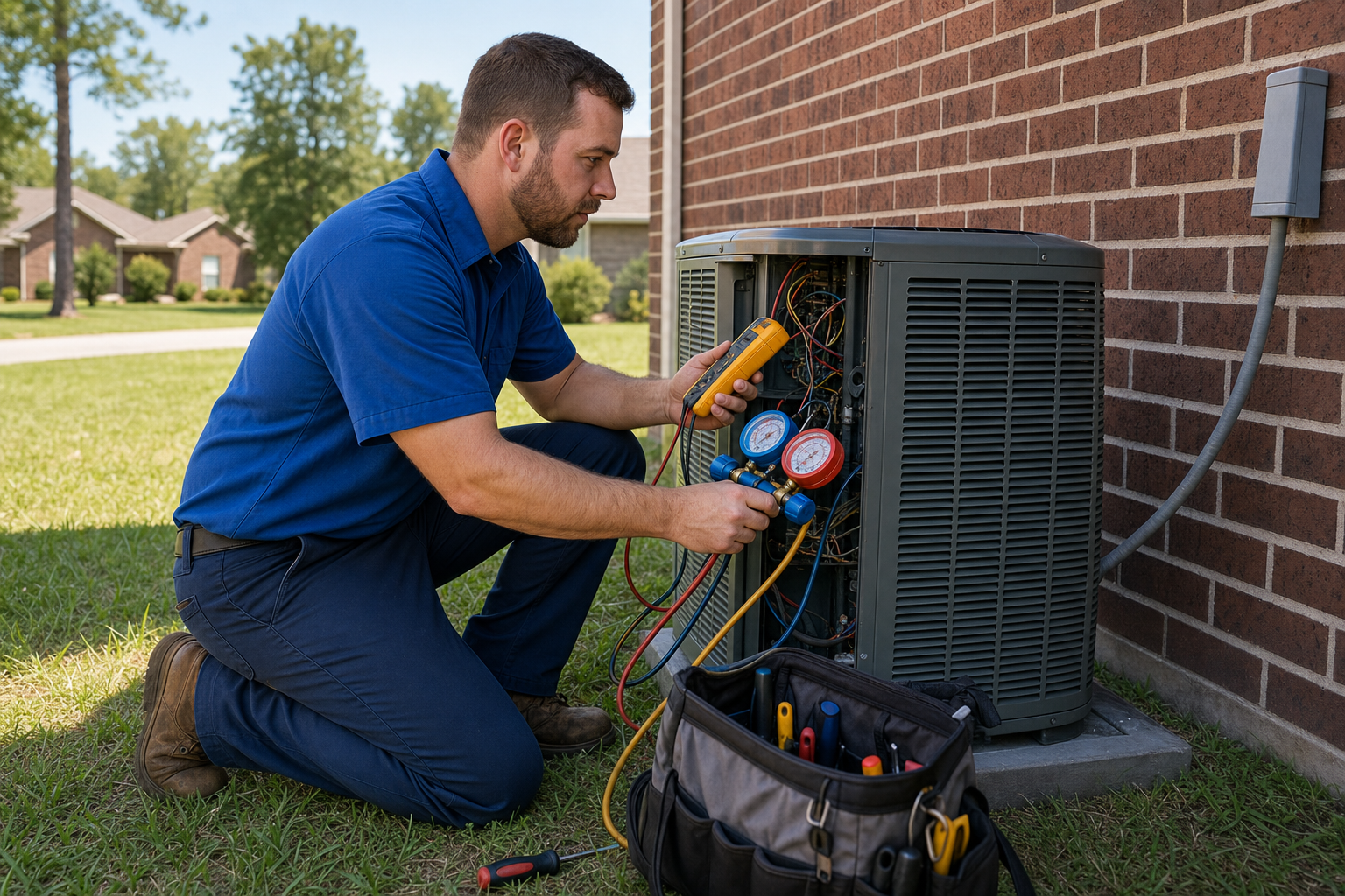 Mark Johnson & Sons technician diagnosing a failed AC condenser during an emergency call in North Louisiana