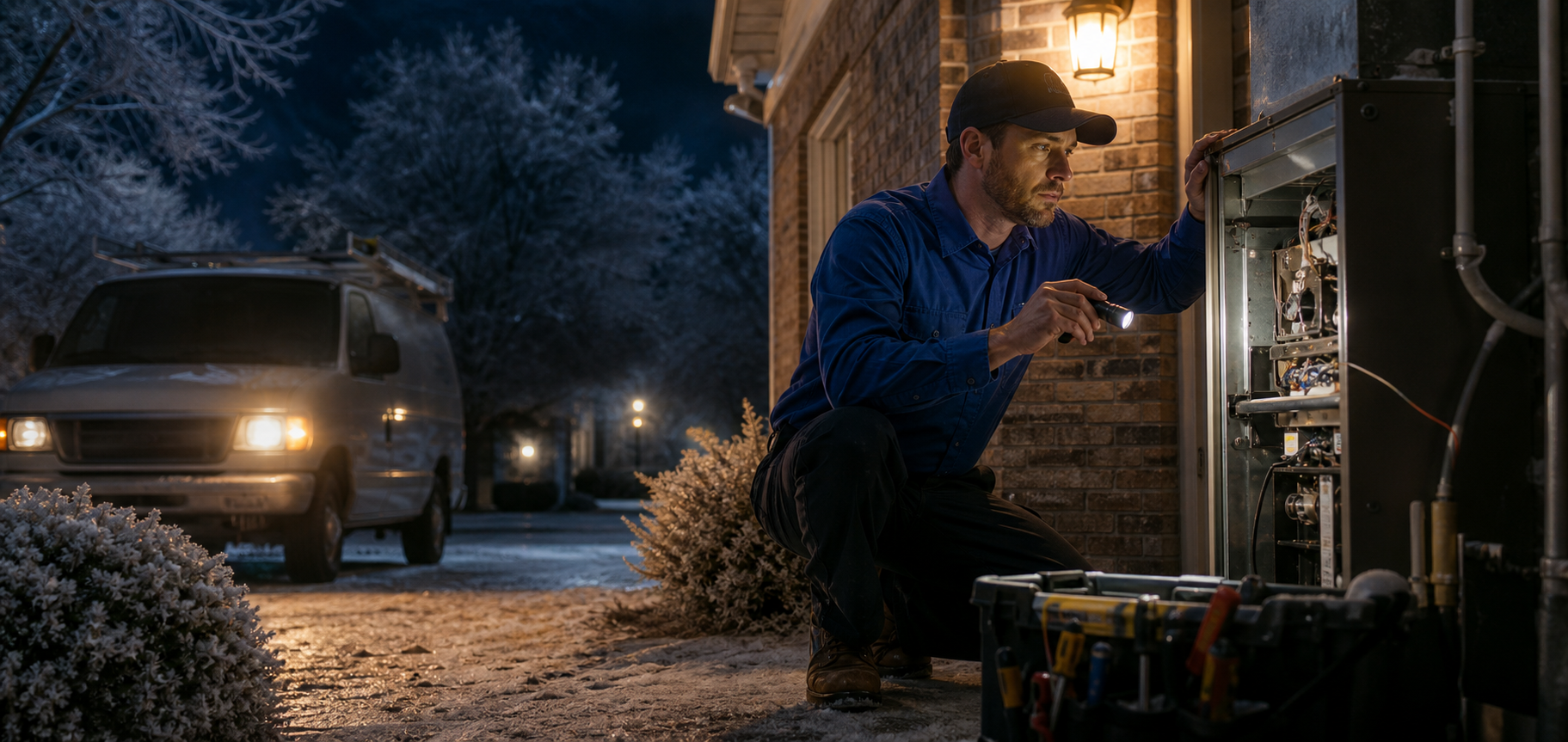 Mark Johnson & Sons truck at a North Louisiana home during an after-hours no-heat emergency