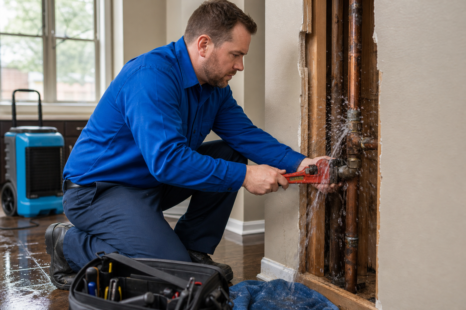Mark Johnson & Sons Plumbing technician at an emergency burst pipe call