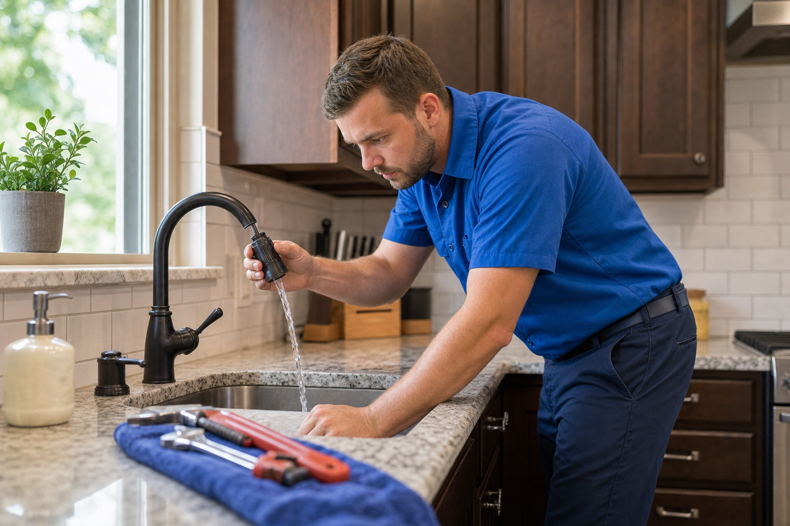 Mark Johnson & Sons Plumbing technician diagnosing a kitchen faucet leak at a North Louisiana home