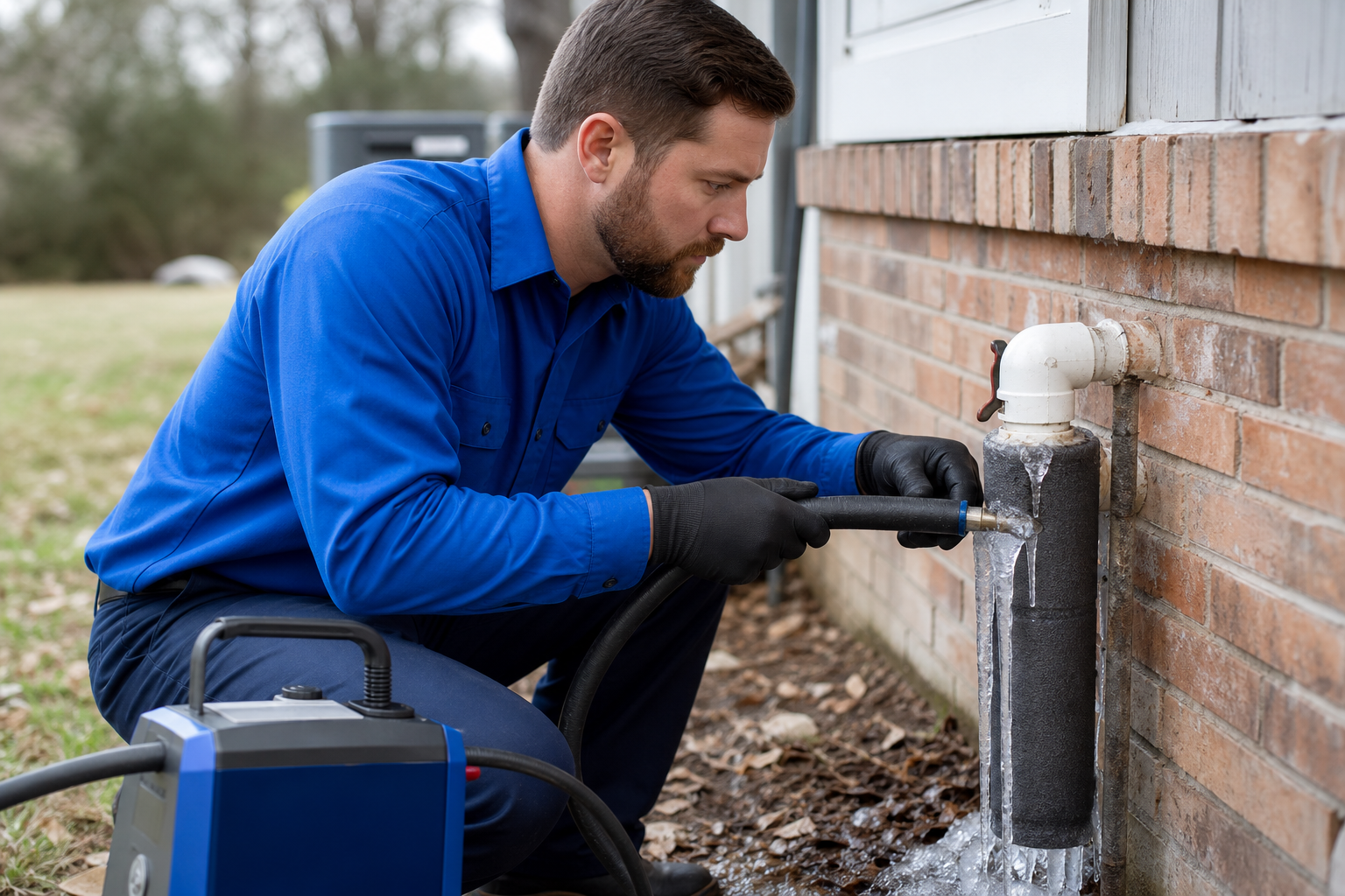 Mark Johnson & Sons Plumbing technician thawing a frozen line with a pipe thawing machine