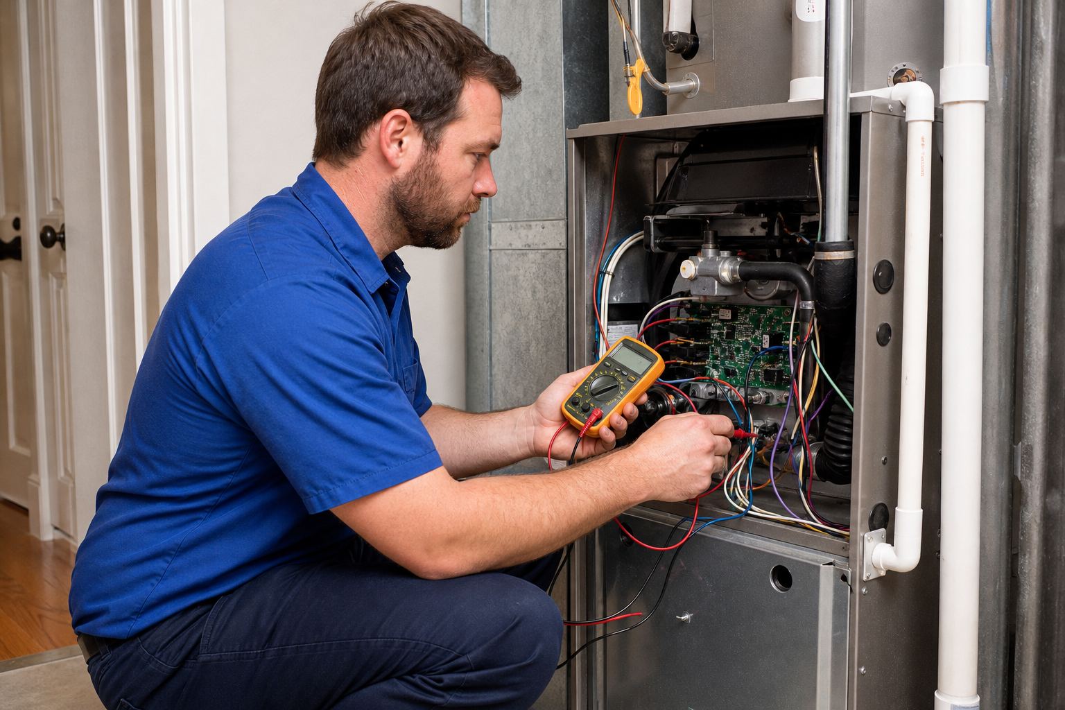 Technician testing furnace components with a multimeter