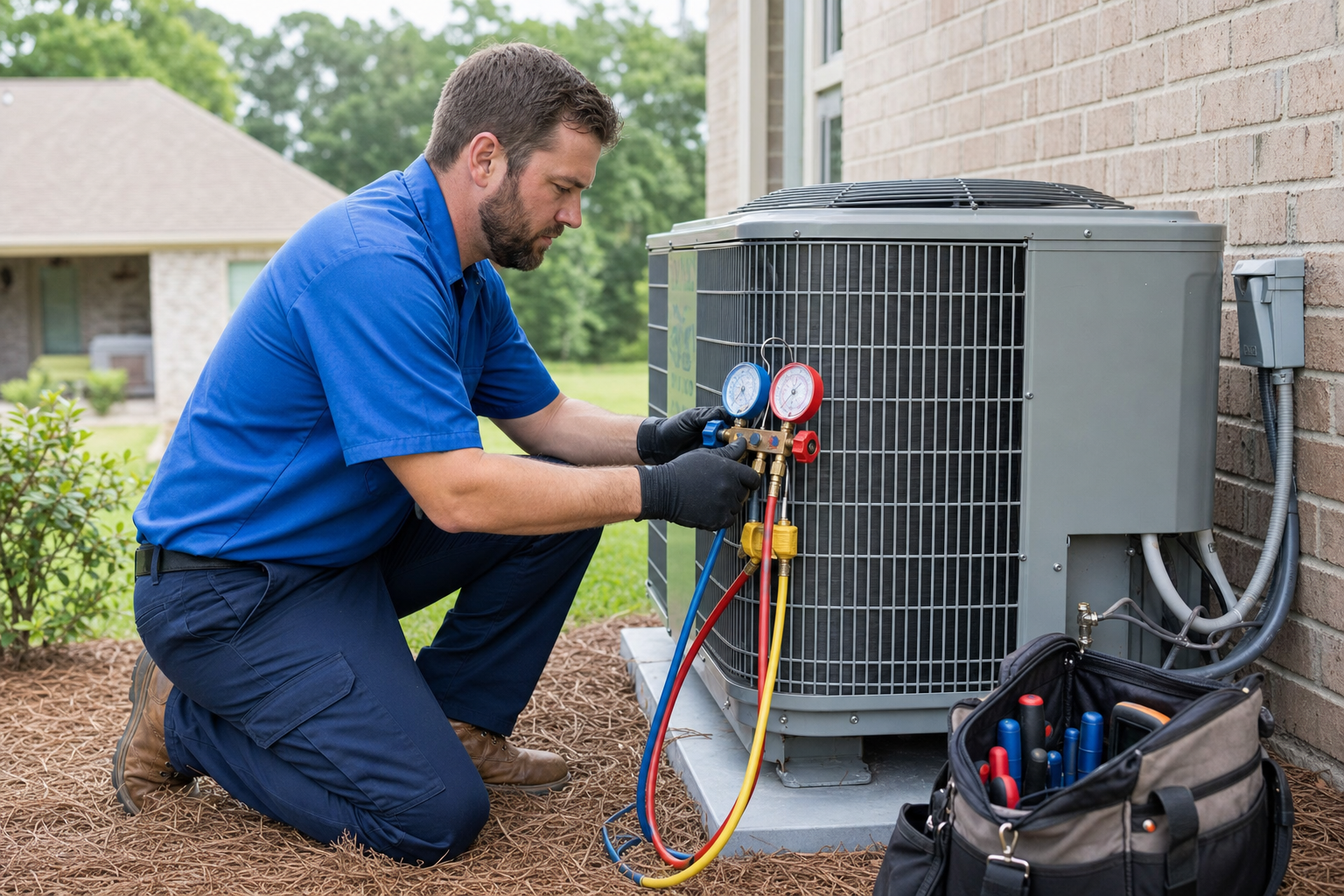 Mark Johnson & Sons technician testing heat pump refrigerant pressures at a North Louisiana home