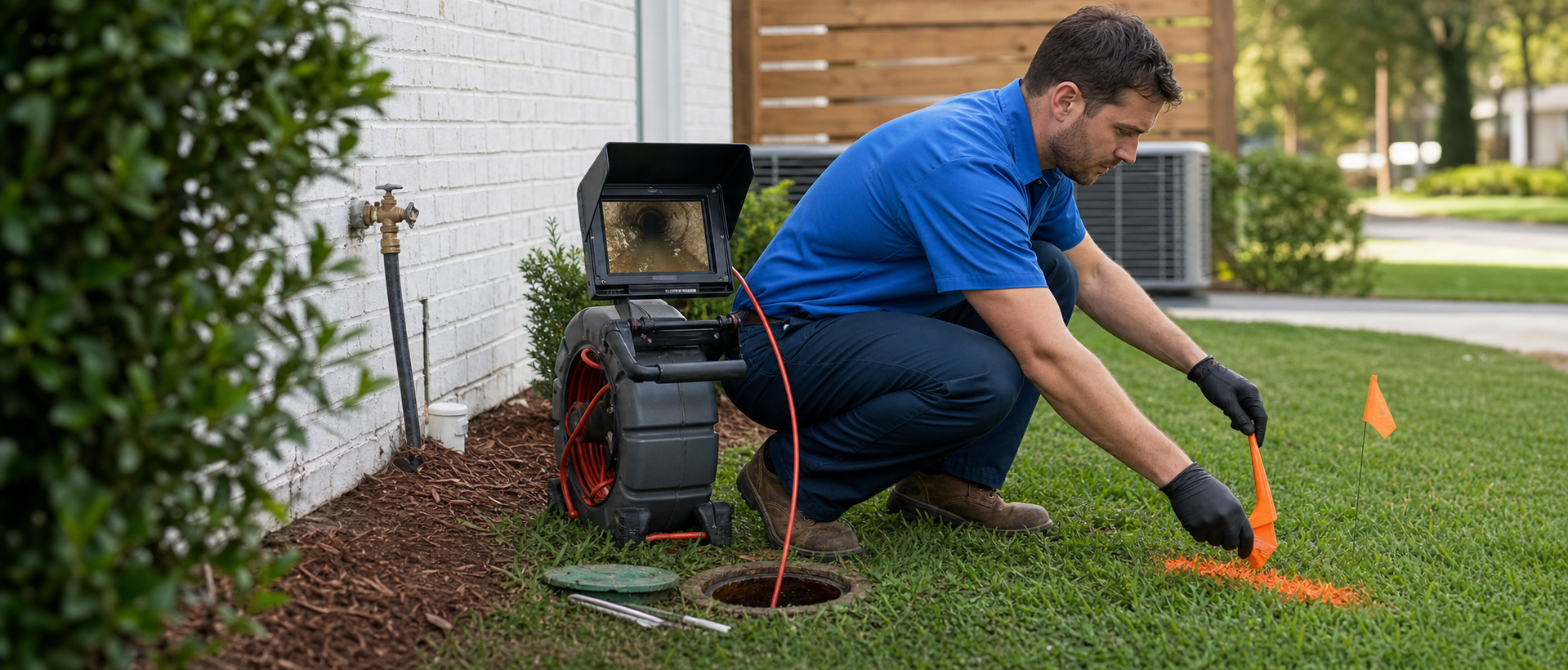 Mark Johnson & Sons Plumbing truck at a sewer line repair job in North Louisiana