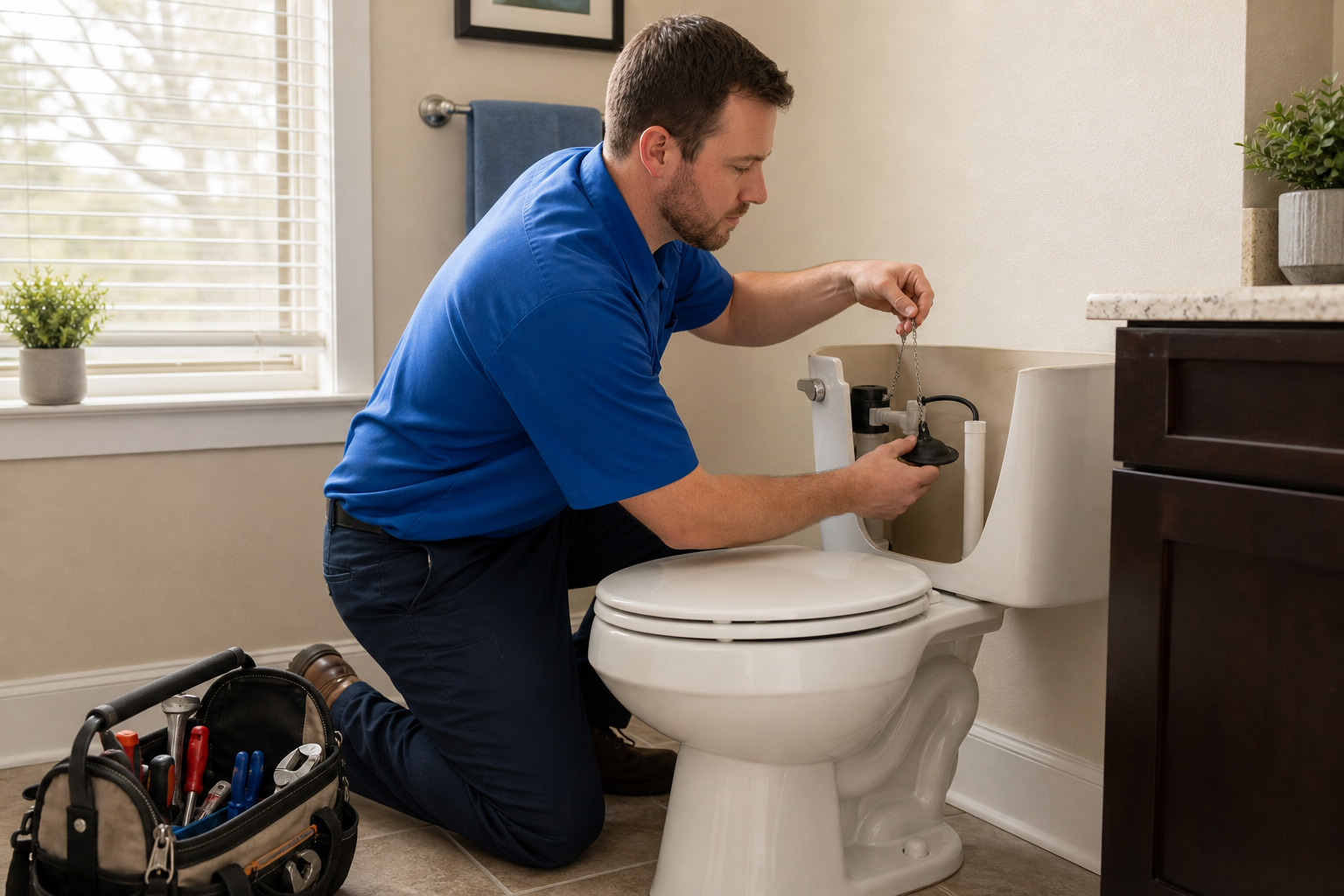 Mark Johnson & Sons Plumbing technician replacing a toilet flapper in a North Louisiana bathroom