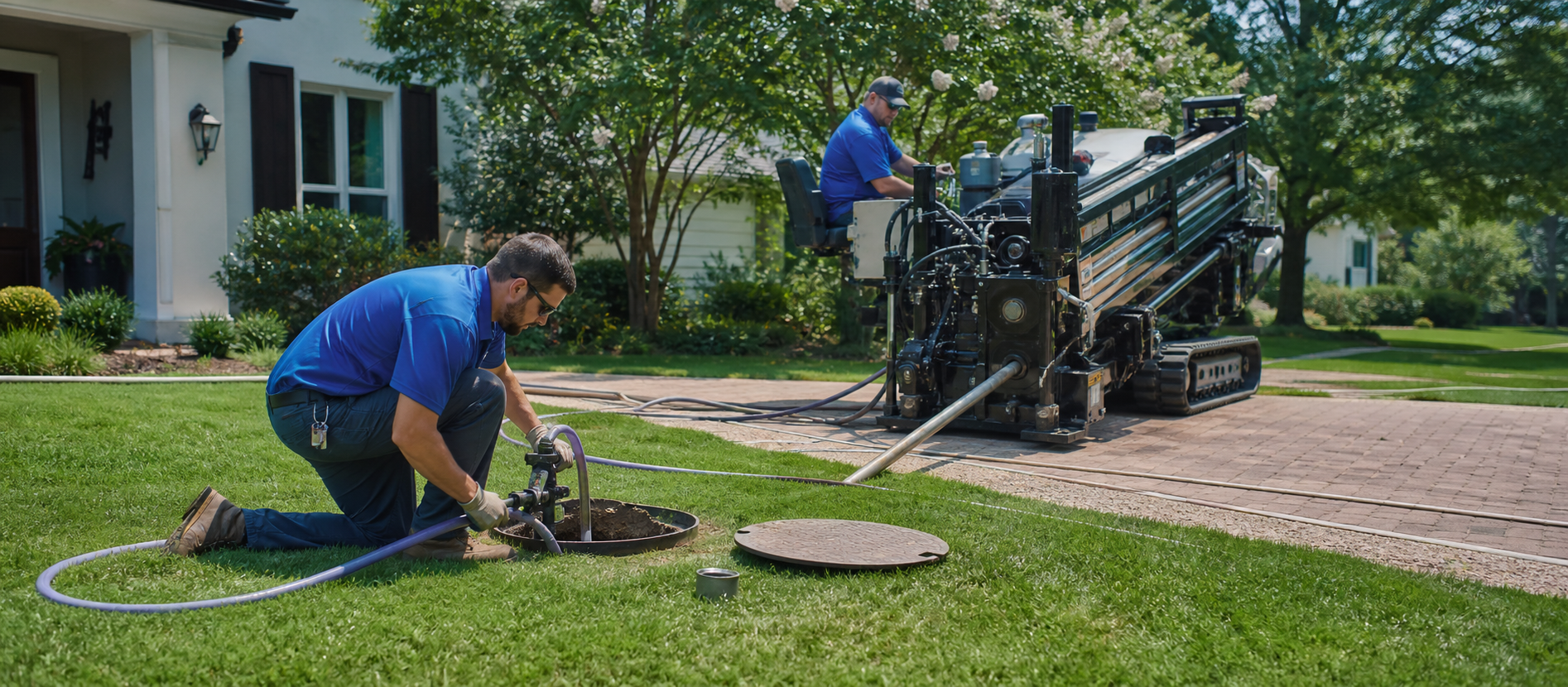 Before and after of trenchless sewer repair showing intact yard