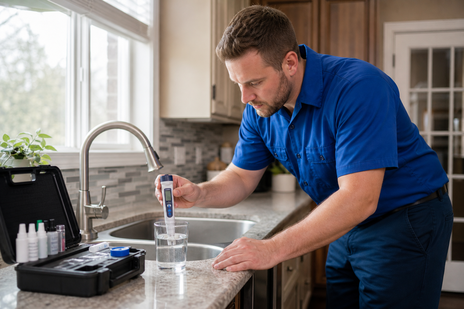 Mark Johnson & Sons Plumbing technician testing water quality before installing a filtration system