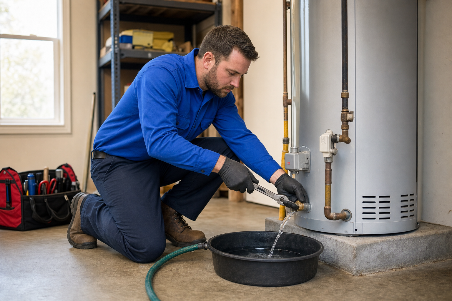 Mark Johnson & Sons Plumbing technician draining a residential water heater in a North Louisiana home