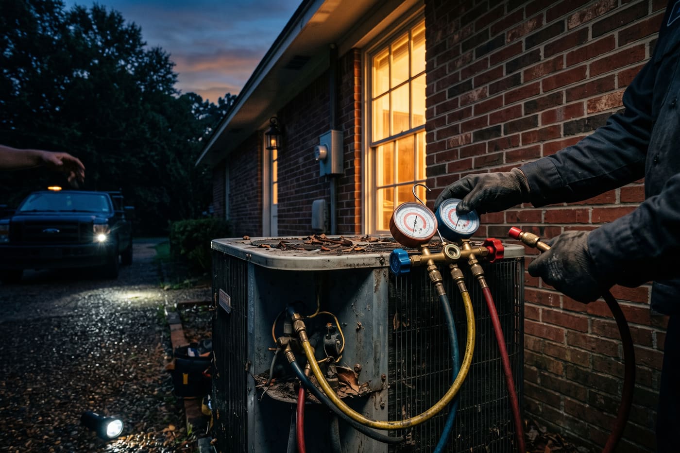 Mark Johnson & Sons technician checking AC refrigerant pressure with manifold gauges during an after-hours emergency call