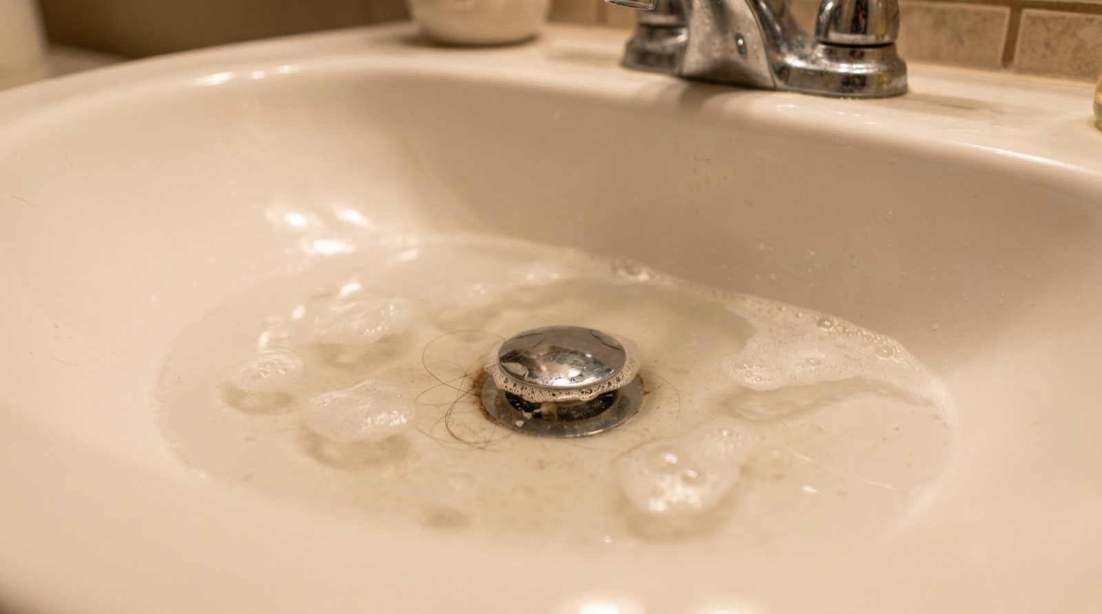 Mark Johnson & Sons Plumbing technician clearing a clogged bathroom sink drain at a North Louisiana home